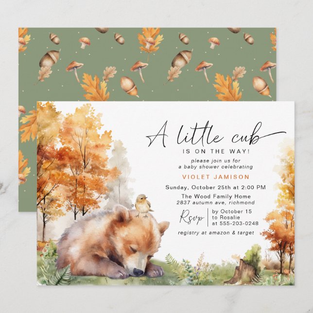 Invitation Bear Cub d'automne | Baby shower forestier mignon (Devant / Derrière)
