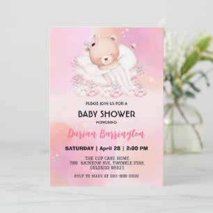 Invitation Bear Cute Flower ballon baby shower filles fête