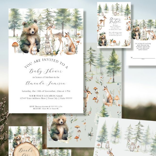 Invitation Bear Deer Forest Woodland Cute Animaux Baby shower (Créateur téléchargé)