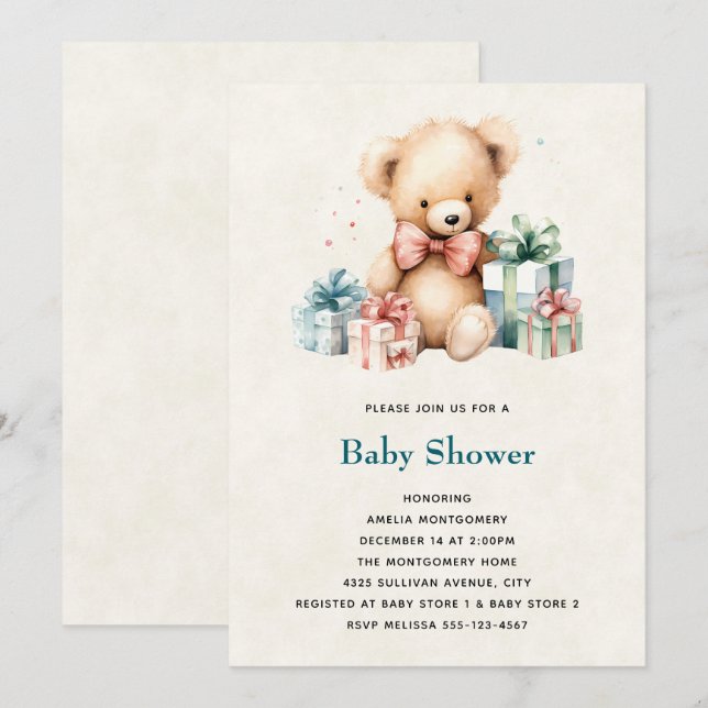 Invitation Bear en peluche mignonne avec Baby shower présent (Devant / Derrière)