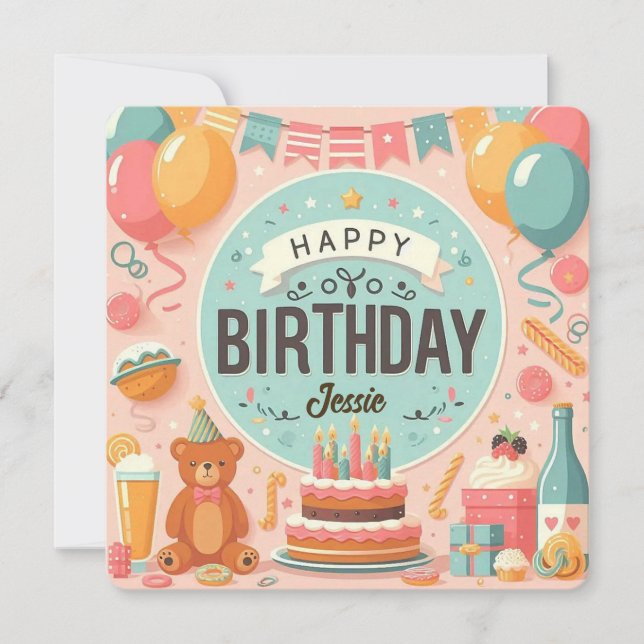 Invitation Bear en Teddy mignonne Pastel Rose heureux Anniver (Devant)