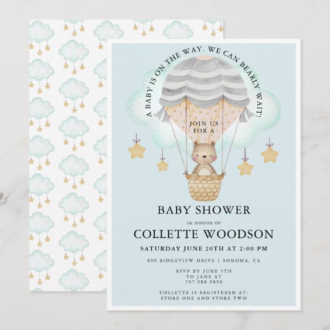 Invitation Bear Hot air Balloon Baby shower garçon (Devant / Derrière)