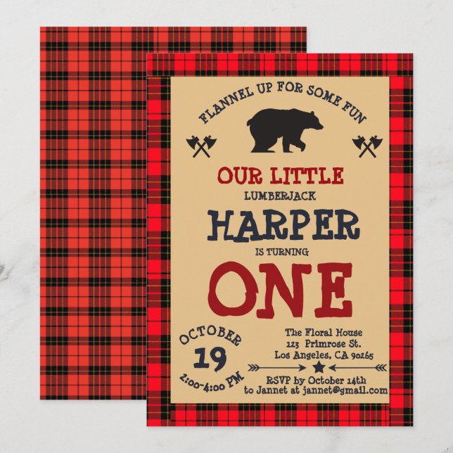 Invitation Bear Lumberjack 1er Birthday Woodland Plaid (Devant / Derrière)
