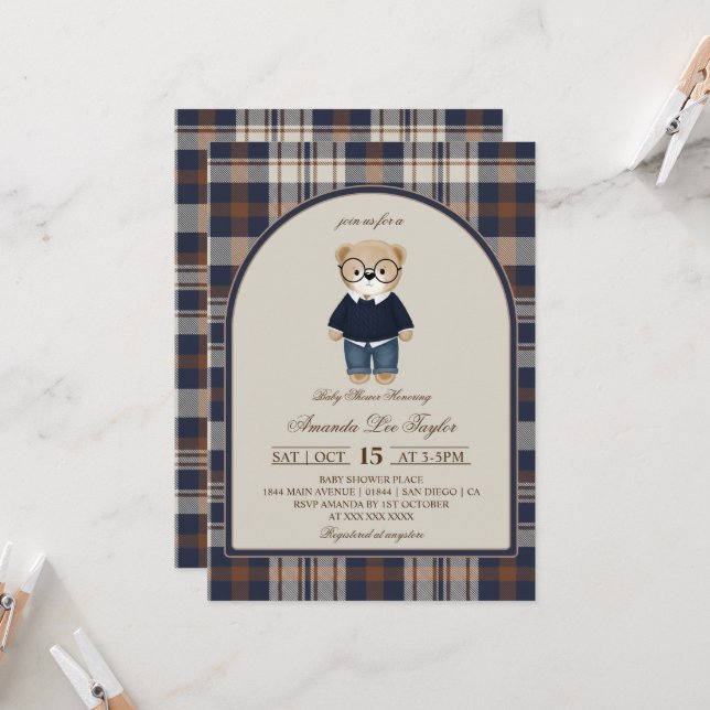 Invitation Bear Luxury Plaid Boy Baby Shower (Devant/Arrière en situation)