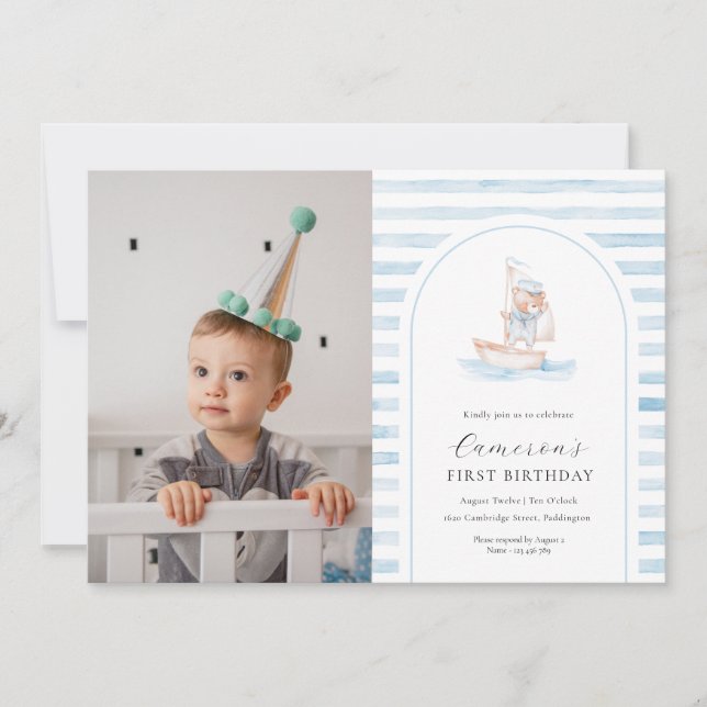 Invitation Bear marin Bear Bleu Bande Photo Premier anniversa (Devant)