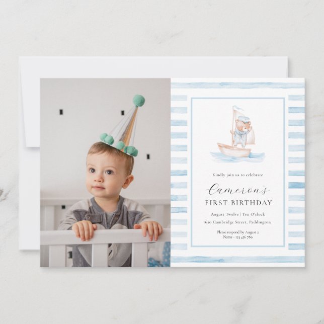 Invitation Bear marin Bear Bleu Bande Photo Premier anniversa (Devant)