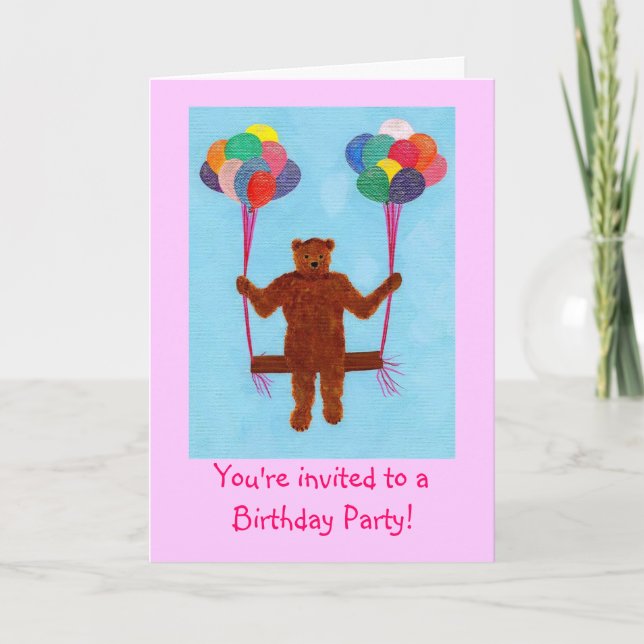 Invitation Bear on Balloon Swing Anniversaire pour enfants (Devant)