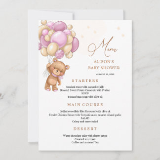 Invitation Bear Pink Balloons Baby Shower Menu