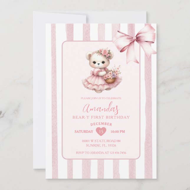 Invitation Bear Pink Cute Ribbon Premier anniversaire (Devant)
