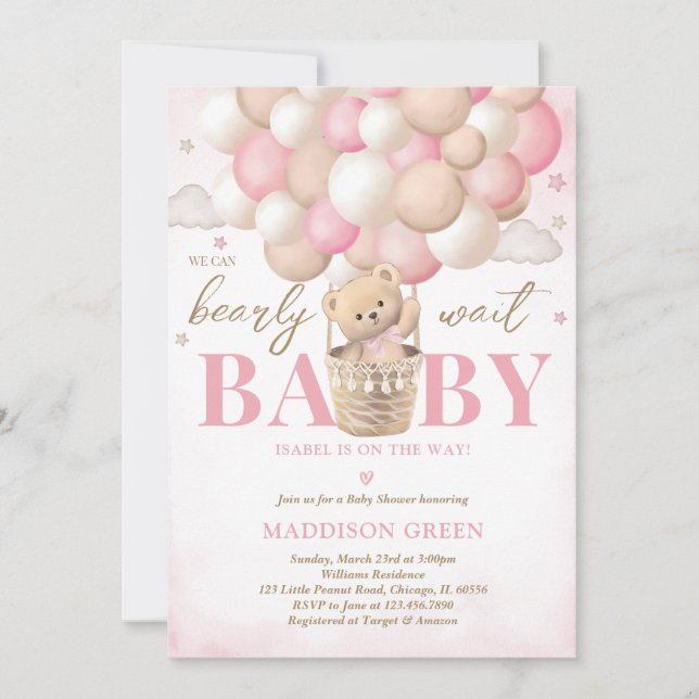Invitation Bear Pink Hot Air Balloon Girl Baby shower (Devant)