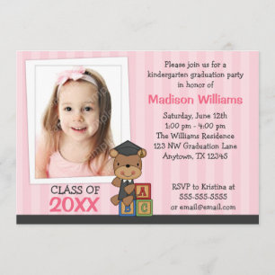 Invitation Bear Pink Stripes, une fille diplômée en photo