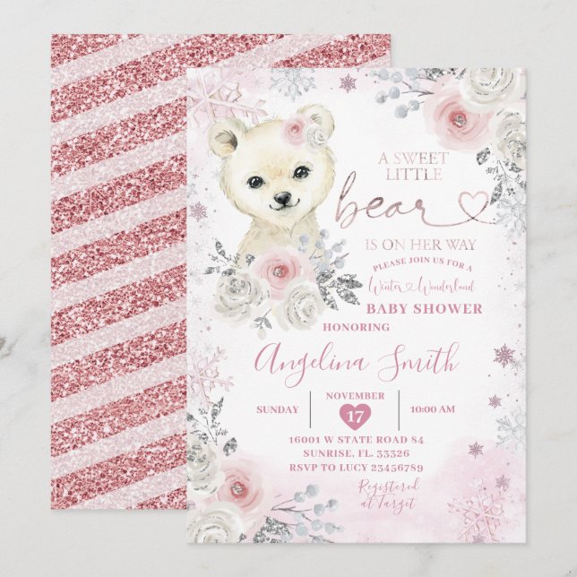Invitation Bear Winter Pastel Pink Snowflake Baby shower (Devant / Derrière)