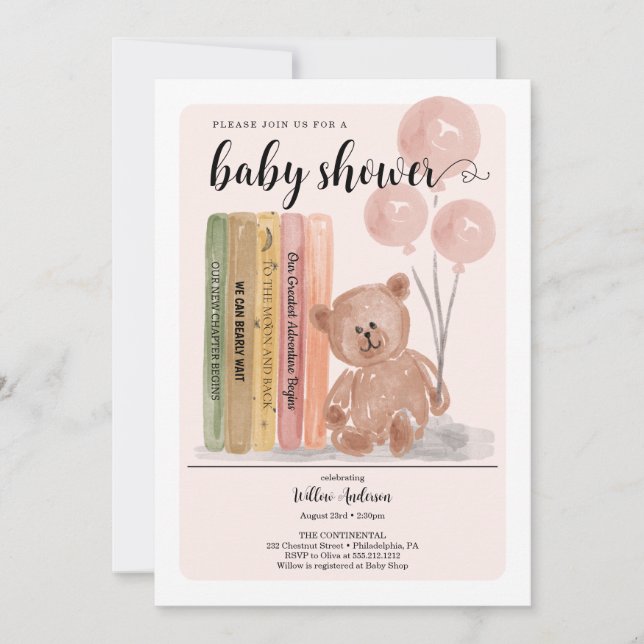 Invitation Bear with Books Bearly Wait Girl Baby Shower (Devant)