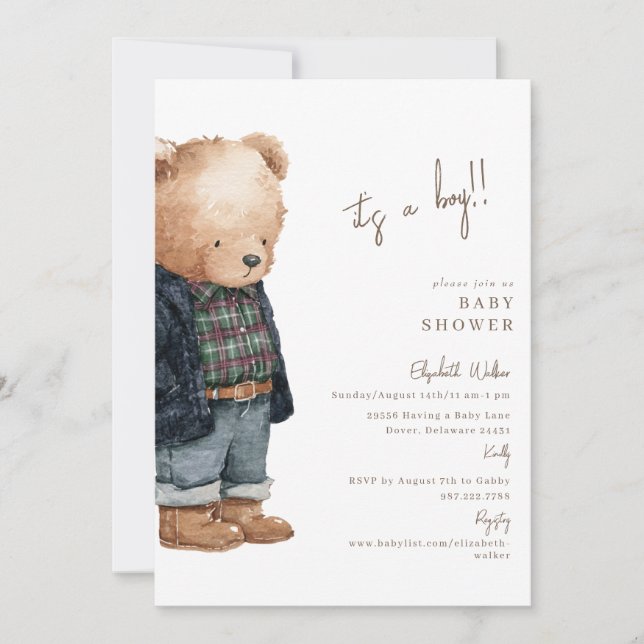 Invitation Bear-y Cute Teddy Bear It's a Boy Baby Shower (Devant)