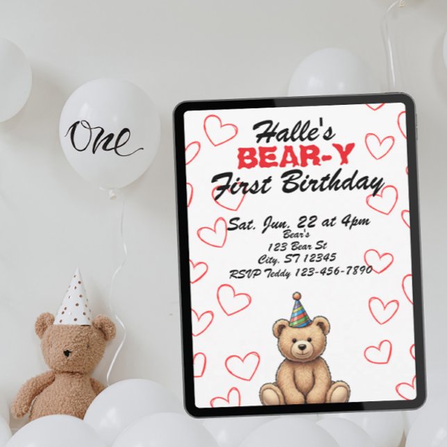Invitation BEAR-Y First Birthday, cute teddy bear birthday (Créateur téléchargé)