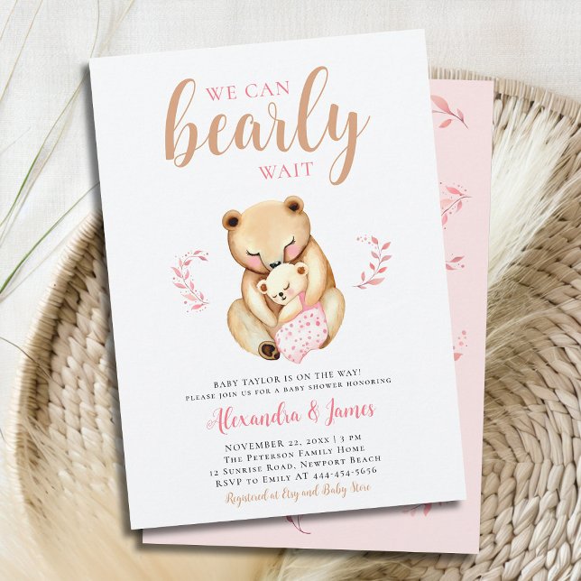 Invitation Bearly Mama Bear Cub Woodland Baby Girl Douche (we can bearly wait baby girl shower invitation mama bear cub woodland forest cute sweet animal pink )