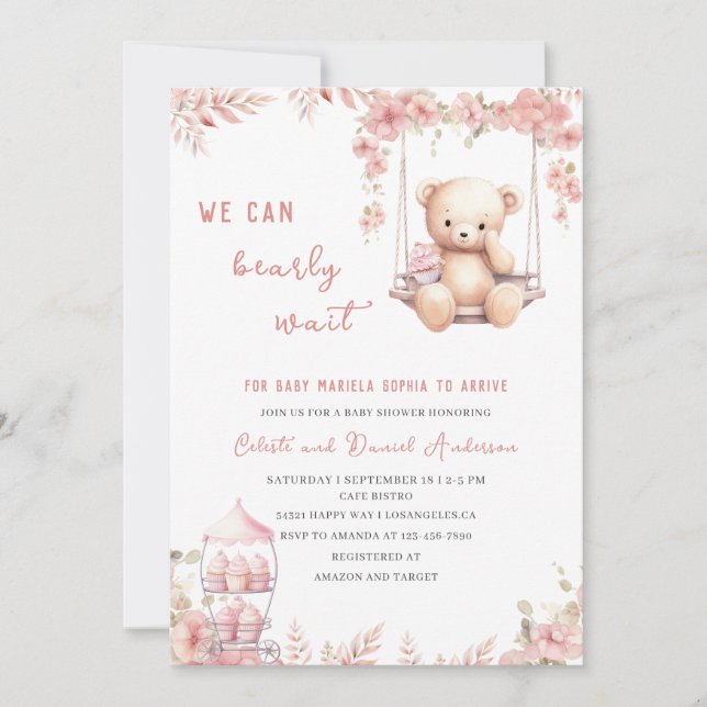 Invitation Bearly wait Baby shower rose aquarelleInvitation (Devant)