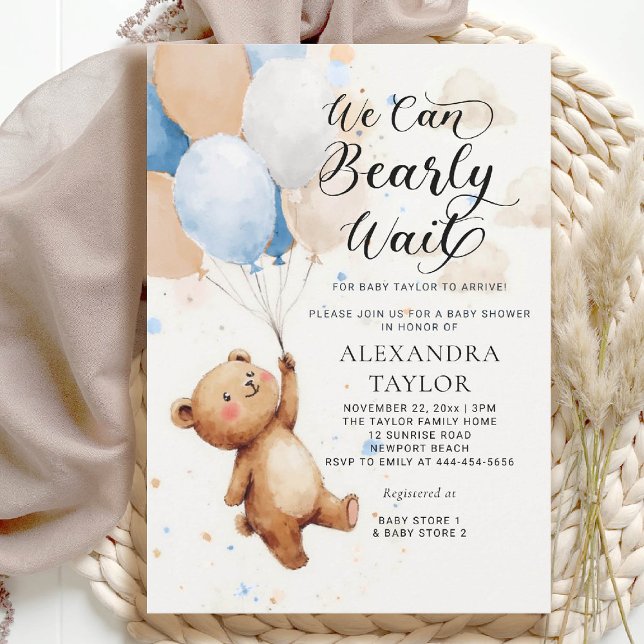 Invitation Bearly Wait Balloons Aquarelle Bébé Garçon douche (bearly wait baby shower invitation boy blue brown tan balloons whimsical watercolor calligraphy)