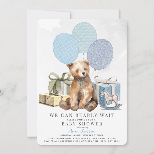 Invitation Bearly Wait Bear Blue Balloon Baby shower garçon (Devant)