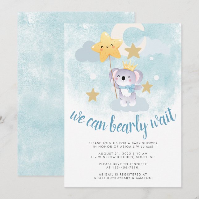 Invitation Bearly wait bleu ours étoile & ciel baby shower (Devant / Derrière)