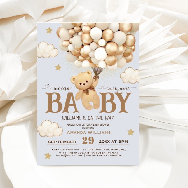 Invitation Bearly Wait Blue Teddy Bear Baby shower neutre (Créateur téléchargé)