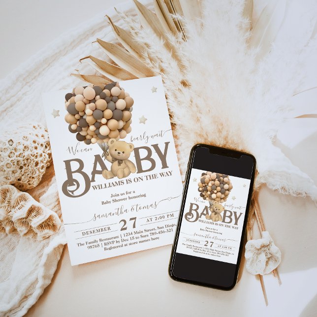 Invitation Bearly Wait Boho Balloon Baby shower neutre (Créateur téléchargé)