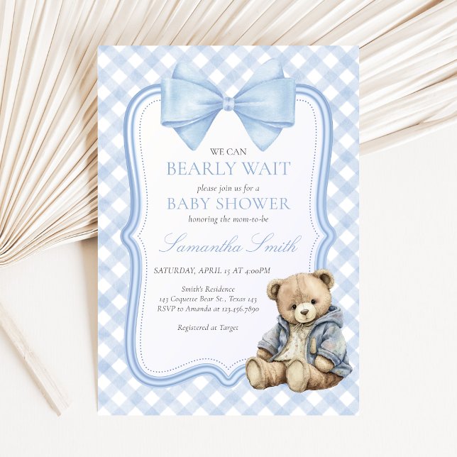 Invitation Bearly Wait Elegant Bear Baby Shower (Blue Bear Baby Shower Invitation)