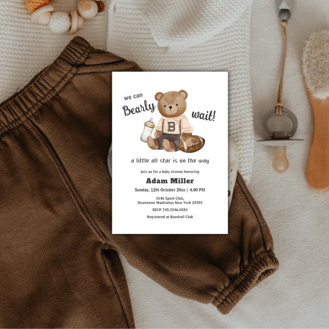 Invitation Bearly Wait Football Sport Boy Baby Shower  (Bearly Wait Football Sport Boy Baby Shower Invitation)