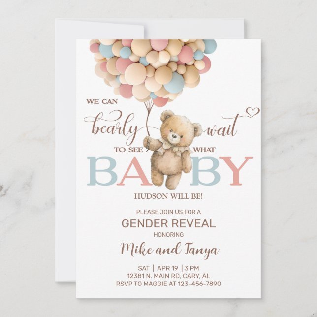 Invitation Bearly wait gender reveal invite, bear balloons. (Devant)