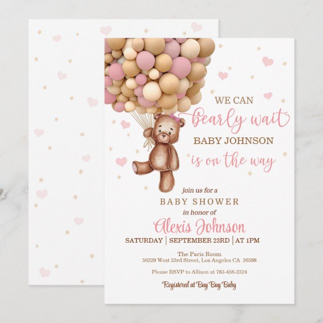 Invitation Bearly Wait Hot Air Balloon Baby shower (Fille) (Devant / Derrière)