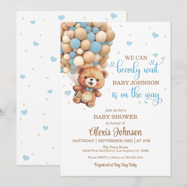 Invitation Bearly Wait Hot Air Balloon Baby shower (Garçon) (Devant / Derrière)