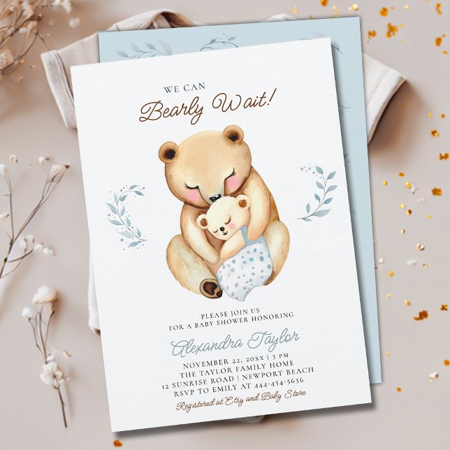 Invitation Bearly Wait Mama Bear Cub Woodland Baby Boy Shoy (we can bearly wait baby boy shower invitation mama bear cub woodland forest cute sweet animal)