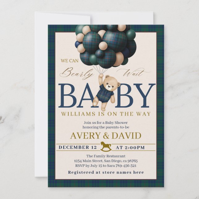Invitation Bearly Wait Preppy Teddy Balloon Baby Shower (Devant)