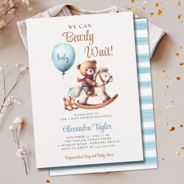 Invitation Bearly Wait Rocking Horse Cowboy Baby Boy Douche (we can bearly wait baby boy shower invitation teddy bear cute rocking chair lil cowboy western brown)