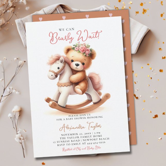 Invitation Bearly Wait Rocking Horse Roses bébé fille douche (we can bearly wait baby girl shower invitation teddy bear cute rocking chair cowgirl western roses)