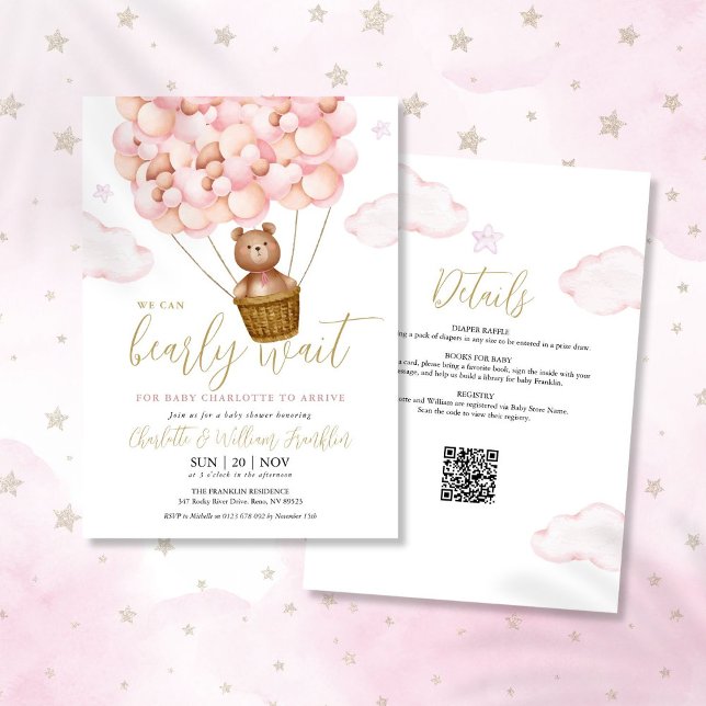 Invitation Bearly Wait Rose Girl Tout en un Baby shower (Bearly Wait Pink Girl All In One Baby Shower Invitation)