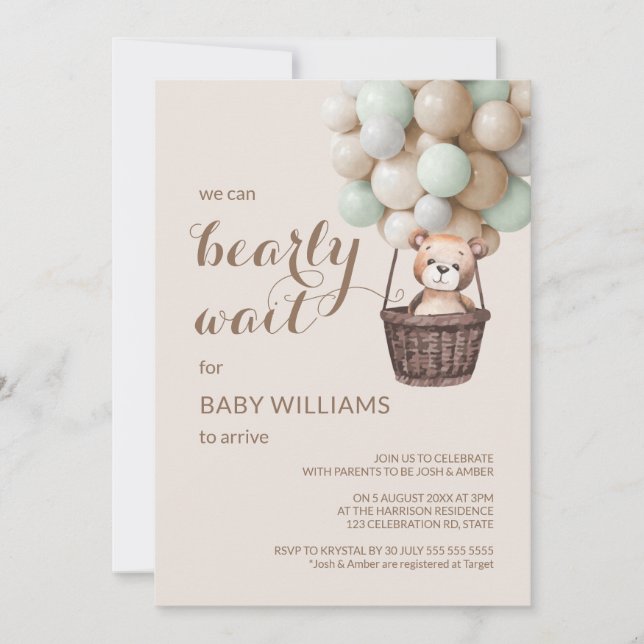 Invitation Bearly Wait Teddy Balloons Baby shower vert (Devant)