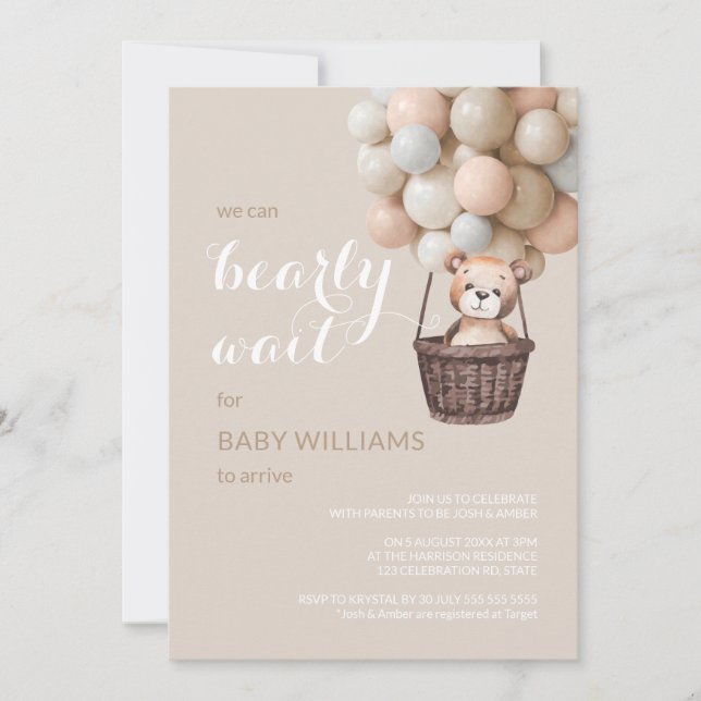 Invitation Bearly Wait Teddy Balloons Girl Baby shower  (Devant)