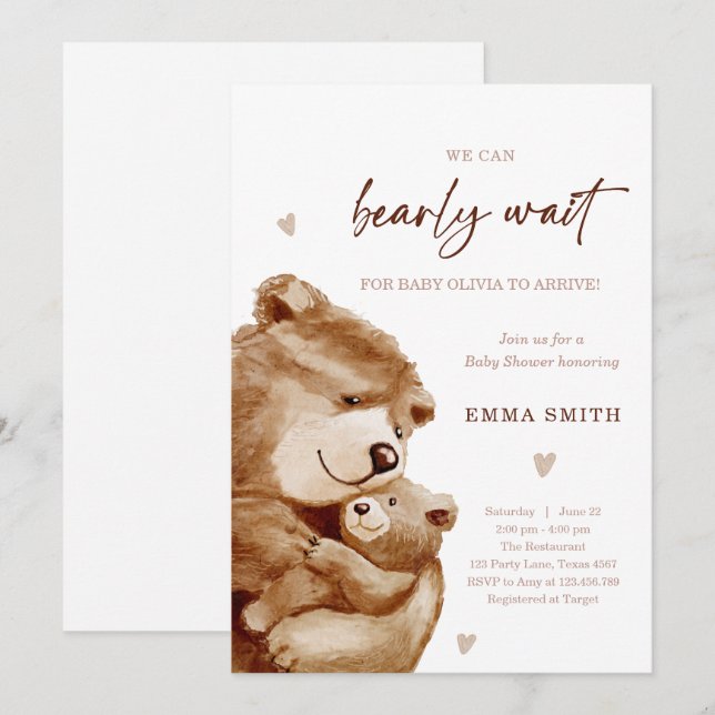 Invitation Bearly Wait Teddy Bear Boho Neutral Baby Shower (Devant / Derrière)