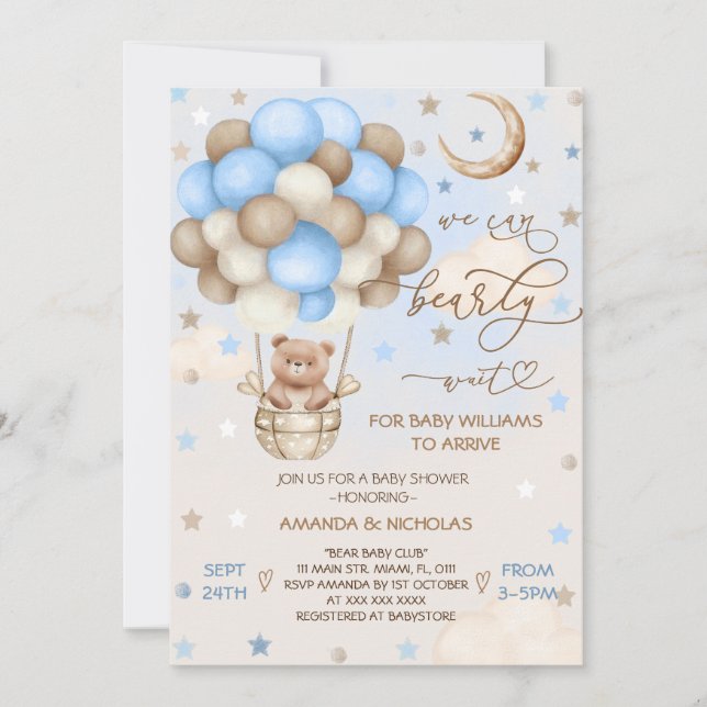 Invitation Bearly Wait Teddy Bear Boy Baby shower (Devant)