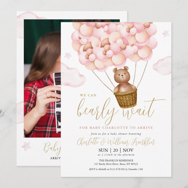 Invitation Bearly Wait Teddy Bear Photo Pink Girl Baby shower (Devant / Derrière)
