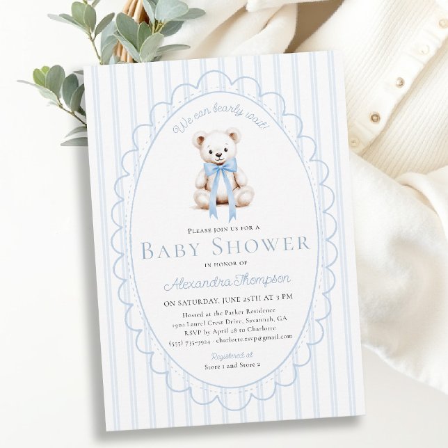 Invitation Bearly Wait Teddy Blue Stripes Bow Baby Shower (bearly wait baby shower invitation traditional classic nursery decor blue stripes teddy bear bow )