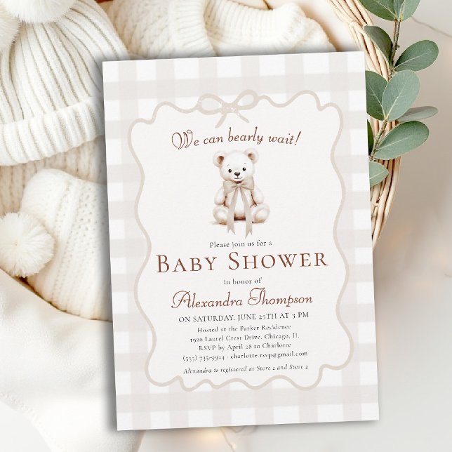 Invitation Bearly Wait Teddy Bow Neutral Gingham Baby Shower (bearly wait baby shower invitation traditional classic nursery decor neutral gingham teddy bear bow)