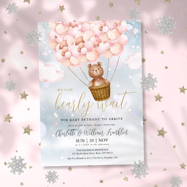 Invitation Bearly Wait Teddy Oear Girl Baby shower d'hiver (Bearly Wait Teddy Bear Girl Winter Baby Shower Invitation)