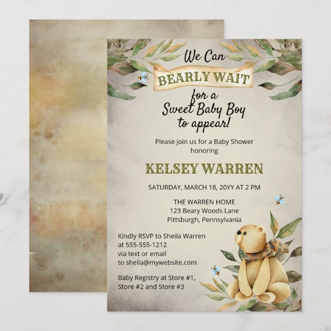 Invitation Bearly Wait Woodland Teddy Bear Baby shower garçon (Devant / Derrière)