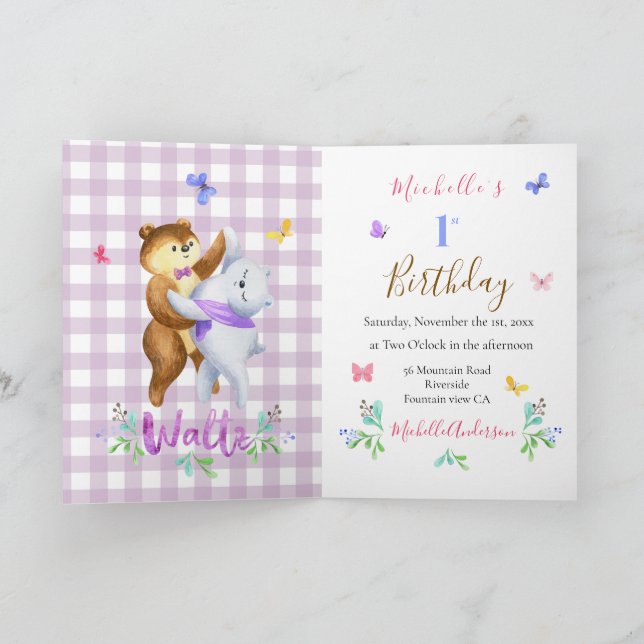 Invitation Bears de la forêt mignonne marchant 1er anniversai (Intérieur)