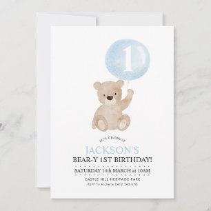 Invitation Béary 1er anniversaire Ours Bleu Ballons Invitatio