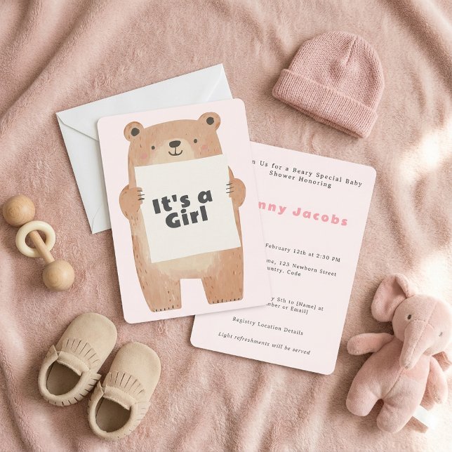 Invitation Beary Cute C'est un ours Baby shower fille (Beary Cute It’s a girl Baby Shower bear Invitation)