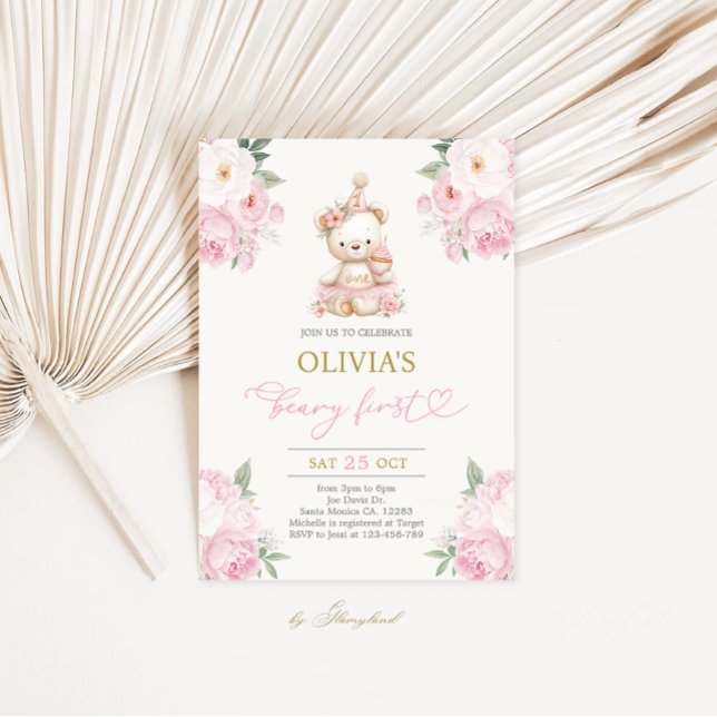 Invitation Beary First Birthday Girl (Créateur téléchargé)