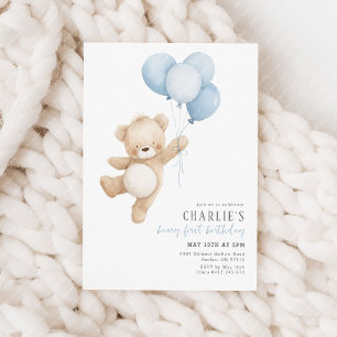 Invitation Beary First Blue Balloy Boy 1er Birthday Teddy
